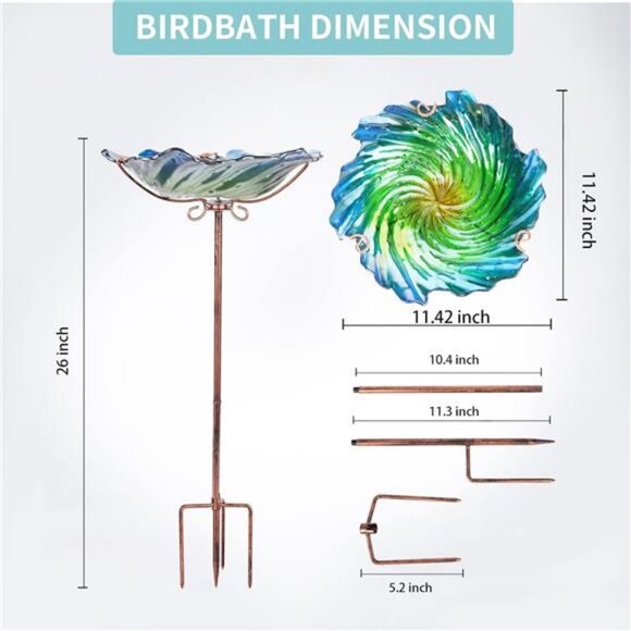 Glass Bird Baths for Outdoors, Garden Bird Bath Bowl with Metal Stake - Picture 3 of 8